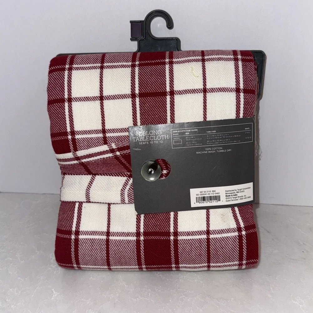 Threshold Plaid Cotton Tablecloth White Red Checked Pattern Oblong NWT 60X120